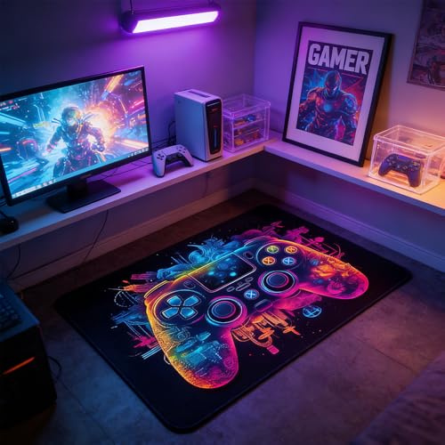 KUWUNG Gaming Rug, 80x120cm Non-Slip Gaming Rug for Boys Bedroom, Colorful Game Rug for Bedroom Living Room Gamer Room Decor Printed Gamepad Carpet, Gaming Room Accessories