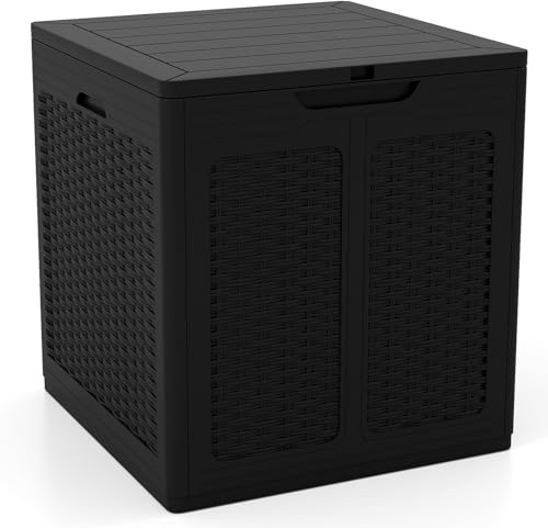 TANGZON Lockable Garden Storage Box, Large Waterproof Deck Box with Sit On Lid & Handle, Indoor Outdoor Storage Bin Organizer for Cushions Tools Toys (Rattan Pattern, 56 x 56 x 60.5cm, Black)