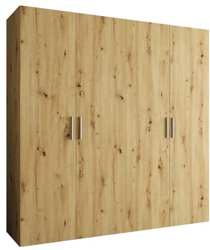 MEBLE KRYSPOL - Kleiderschrank - Garderobenschrank - 200 cm x 202 x 52 cm - Schrank mit Kleiderstange, 4 Türen - für Schlafzimmer, Flur - BARI, Artisan-Eiche, Griff Silber