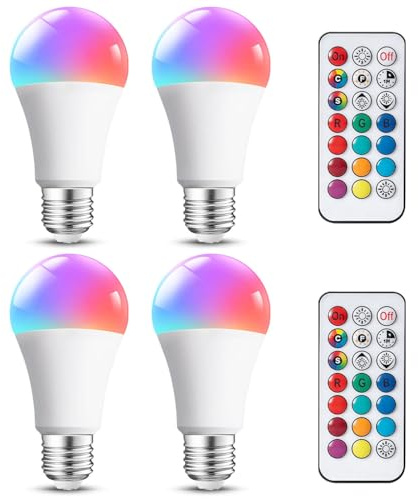 Aigostar LED E27 Farbwechsel Lampe mit Fernbedienung, 12W äquivalent 81W, RGB Glühbirne Dimmbar Farbige Leuchtmittel, 15 Farben, 4 dynamische Modi & 5 Helligkeitsstufen, Warmweiß 3000K, 4er Pack