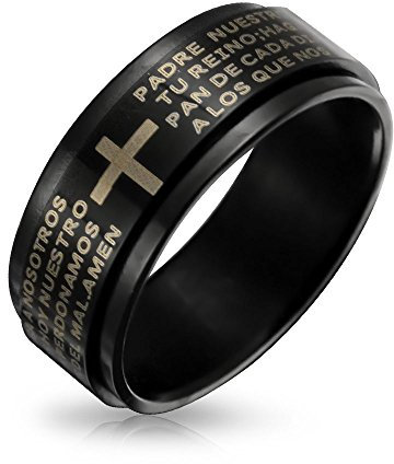 Bling Jewelry Bague Toupie Anti-Stress Croix Prière du Seigneur Notre Père Religieuse Unisexe Personnalisée pour Hommes Femmes Adolescents Acier Inoxydable Noir