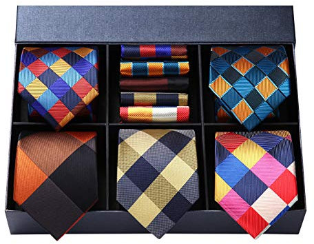 HISDERN 5 Stück Kariert Krawatte und Einstecktuch Set Elegante Herren Krawatten Klassische Hochzeit Seidenkrawatte Taschentuch mit Geschenkbox