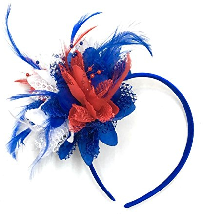 Caprilite Serre-tête avec plumes et fleurs blanches et rouges Motif Union Jack Bleu roi