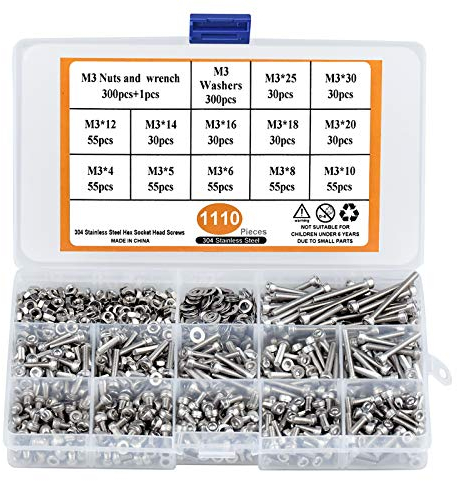 KARAA 1100 Pcs m3 Viti Dadi e Rondelle in Acciaio Inox m3, Viti a Testa Esagonale con Esagono Incassato Testa a Bullone e Dadi M3 * 4/5/6/8/10/12/14/16/18/20/25/30 Con scatola di immagazzinaggio