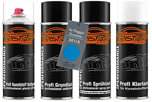 TRISTARcolor Vernice per moto Kit bombolette spray per plastica per Piaggio Scooters 261/A Blu Gaiola base adesiva vernice di fondo vernice di base vernice trasparente con plastificante