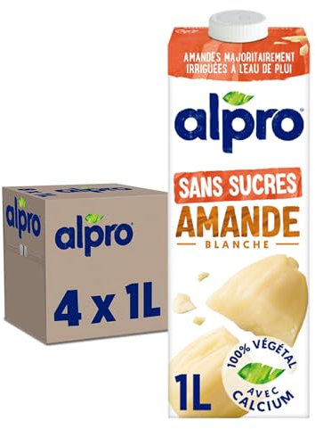 Alpro - Boisson Végétale - Lait d'Amande Non Grillée Sans Sucres - 1L - Lot de 4x1L