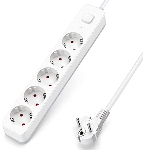 Aigostar Regleta 5 Enchufes con Interruptor, 1.5m Cable, 16A/3680W, Protección Infantil, Blanco – Alargador Eléctrico para Casa, Oficina, Dormitorio