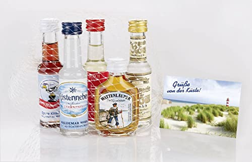 Minis im Netz | 5er Mix mit Fiete's Kirsch, De geele Köm, Gosch Sylter Aquavit, Küstennebel und Wattenläuper | ideales Geschenk und Mit-Bringsel aus dem Urlaub | 5 x 0,02 L |