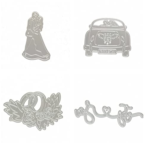 Sredwtk 4 Stück Hochzeit Stanzschablonen Metall Schneiden Schablonen Braut und Bräutigam Hochzeitsauto Ring Schriftzug für DIY Scrapbooking Album, Schneiden Schablonen Papier Karten Sammelalbum Dekor