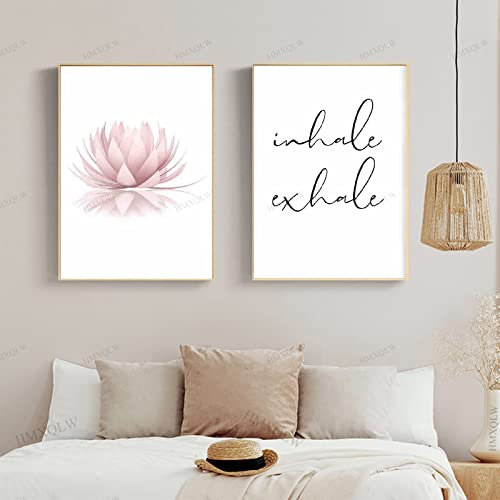 HMXQLW Pink Lotus Yoga Inhale Exhale Zitate Wandbilder Modernes Bilder kunstdrucke Wohnzimmer Deko,Leinwandbilder Poster und Drucke Wandkunst Schlafzimmer Rahmenlos (2X20x30cm)