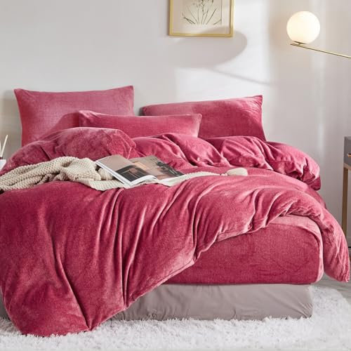 Luofanfei Fleece Plüsch Bettwäsche 135x200 Warm Winter Kuschelig Flauschig Cashmere Touch Warme Bettwäsche Set 135 x 200 Flanell in Rot Microfaser Winterbettwäsche Set Bett und Kissenbezug 80x80 cm