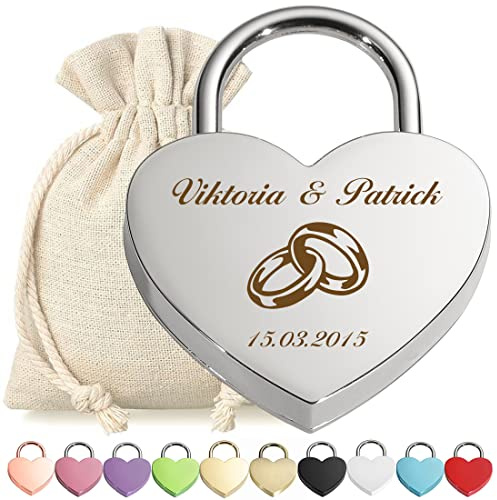 polar-effekt Lucchetto dell'amore a forma di cuore, in argento, con incisione personalizzata e chiave, motivo anelli, lucchetto, sacchetto regalo in tessuto, anniversario, coppia, coppia