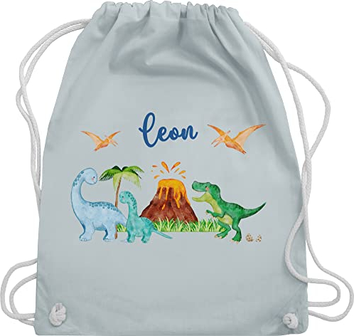 Turnbeutel Rucksack - Geschenk Dinosaurier personalisiert mit Name I Dino I Dinos - Unisize - Pastell Blau - wechselkleidung tasche kindergarten wechselbeutel kita beuteltasche sport beutel junge