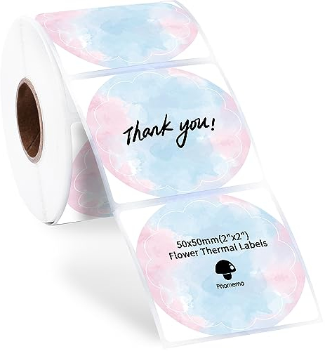 Phomemo Blumen Thermodirekt-Etiketten 50x50mm,Selbstklebende Runde Regenbogen-Aufkleber,Kreisförmige Handgefertigte Für Phomemo 241bt/246s/520bt/249 Drucker(500 Etikettens/Rolle,1 Rolle)