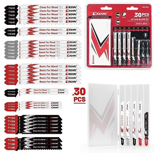 EZARC Set di lame per seghetto alternativo da 30 pezzi con custodia, lame di ricambio assortite con attacco a T per tagliare legno, plastica e metallo
