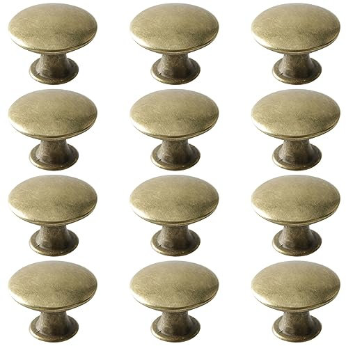 Beilala Antique Brass Drawer Knobs, 12 Pack Round Metal Wardrobe Handles Kitchen Cabinet Pulls with Screws for Chest of Drawers Furniture Cupboard Dresser Door, 30x21mm