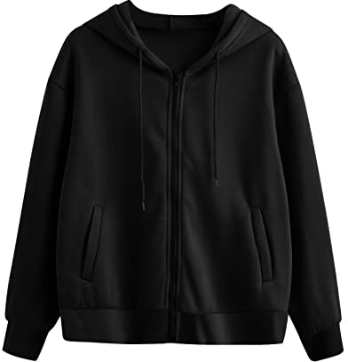 Winterjacke Damen Pullover Strickkleid Hoodie Ärmeln lässige Frauen Long Kapuze Sweatshirt-Töpfe Reißverschluss solide Tasche Tumblr Kleidung (Black, L)