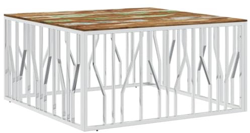 vidaXL Couchtisch, Beistelltisch mit viel Platz für Snacks Getränke, Sofatisch für Wohnzimmer, Tisch Kaffeetisch Telefontisch, Silbern Edelstahl Altholz Massiv