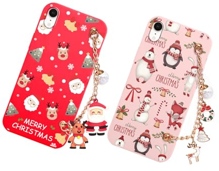 Vauki Weihnachten Hülle für iPhone XR mit Handykette 2 Stück,Rot Weich Silikon Stoßfest Ultra Dünn Case mit Band und Muster Cartoon Süß,Christmas Geschenke für Frauen Schutzhülle,Hirsch Weihnachtsmann