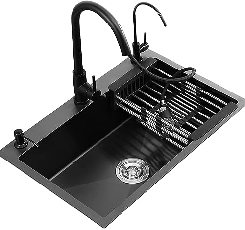 Fregadero De Cocina Negro Fregadero De Acero Inoxidable Grifo Extraíble Negro Fregadero De Un Seno Fregadero De Barra Accesorios Incluidos (Color : negro, S : 80x50x20cm)