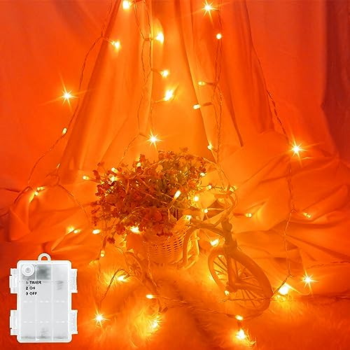 LED Lichterkette Außen Batterie Wasserdicht 3M Outdoor Lichterkette Innen Batterie Timer für Balkone, Fenster, Tür, Wände, Kinderzimmer, Schlafzimmer, Halloween, Weihnachten, Hochzeiten, Orange