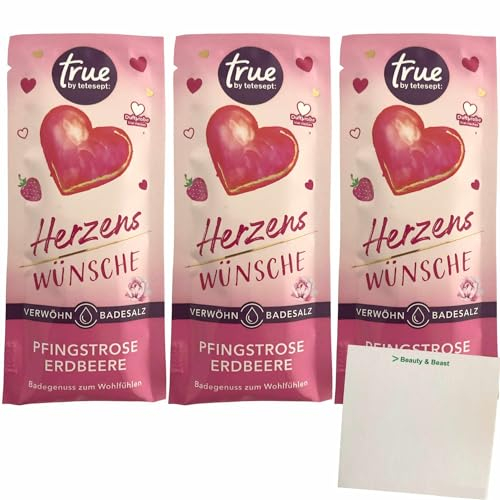 Tetesept Eine Portion Herzenswünsche Pfingstrose-Erdbeere Badesalz 3er Pack (3x50g Packung) + usy Block