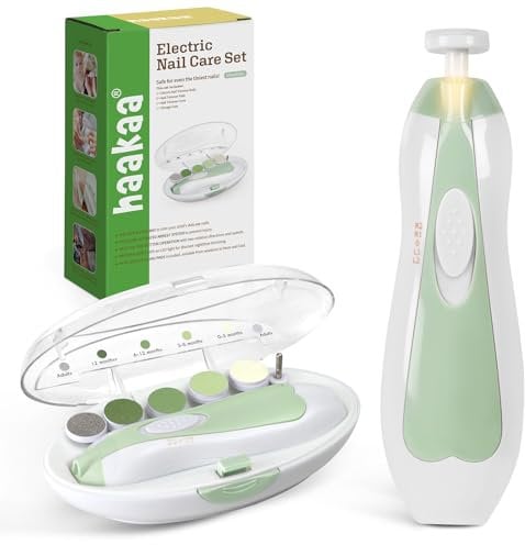 haakaa Baby Nail File Electric Baby Nail Care Set with LED Light, Baby Nail Clippers for Newborn/Infants/Adults Toes and Fingernails, Additional 6 Replacement Heads & Storage Case, Green