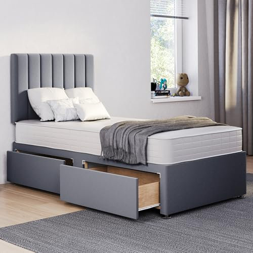 ComfoRest - Elegant 3FT Single Bed with Mattress | Stylish Set for Modern Bedrooms | Functional Frame with 2 Storage Drawers for Space-Saving Solutions (Grey Plush)