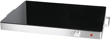 Warmhalteplatte HWT140, gehärtetes Glas, manuelle Steuerung, 400W, rutschfeste Füße, Überhitzungsschutz, Betriebsanzeige, silber/schwarz