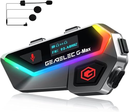 gearelec Motorcycle Helmet Headset 1500mAh, GMAX 2-6 Riders Communication Motorbike Intercom Helmet Bluetooth Headset, 3D HiFi Stereo V5.2BT motorcycle intercom with Guide Screen and 7 Cool Lights