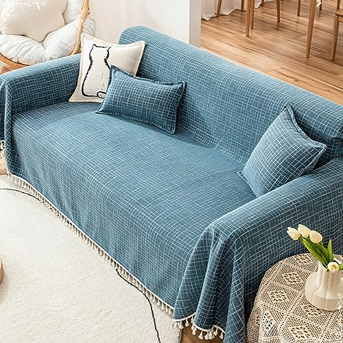 KnSam Home Sofabezug, Einfarbig Ecksofa Bezug Hussen mit Quaste, Anti-Rutsch Sofaüberwurf Katzen Baumwolle Leinen für Hunde Haustierfreundliche (180x260CM, Blau)