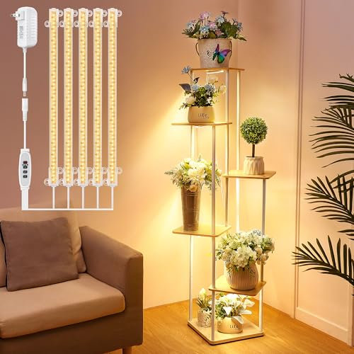 Dreyoo 6 Tier Metal Plant Stand With Grow Light - Indoor Multiple Holder Ladder for Display, 6 Potted Shelf for Flowers, Corner Living Room Office (White, Wood Color)