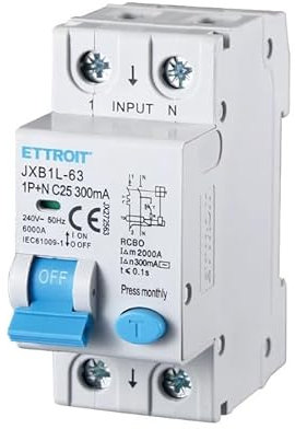 ETTROIT INTERRUTTORI MAGNETOTERMICI DIFFERENZIALI SALVAVITA PER BARRA DIN 2 MODULI 1P+N 240V 300mA 6KA (25A)