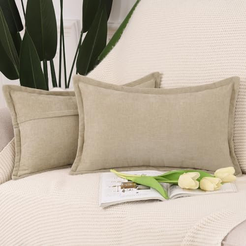 Madizz 2er Set Fransen Chenille Schlicht Zierkissenbezüge Modern Kissenbezug Kissenhülle Sofakissen Lendenkissen für Sofa Schlafzimmer Kamel 30x50 cm