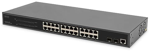DIGITUS Switch di rete Ethernet Gigabit PoE a 24 porte - Non gestito - 24 porte RJ45 + 2 porte Uplink SFP - Budget PoE 370W - Fattore di forma 19 pollici - Nero