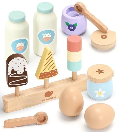 Pillowhale Holzspielzeug Lebensmittel Set Kinderküche Zubehör Holz Kaufladen Kinder Kühlschrank Zubehör mit Eiscreme Set Getränke-Set Holz Eier Geschenke für Jungen Mädchen Wooden Fridge Food