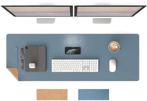 RENMTURE Tapis de souris rectangulaire double face extra large, liège naturel et similicuir pour bureau et travail à domicile, antidérapant, imperméable, facile à nettoyer (bleu gris, 119,4 x 43,2 cm)