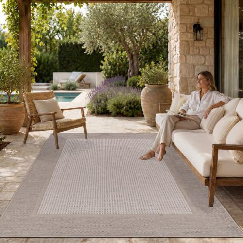 Paco Home Outdoor Teppich, Wetterfest, UV-beständig & Pflegeleicht, Flachgewebe Modern Boho-Style. Ideal für Terrasse Balkon Wohnzimmer & Küche, Grösse:160x220 cm, Farbe:Beige 7