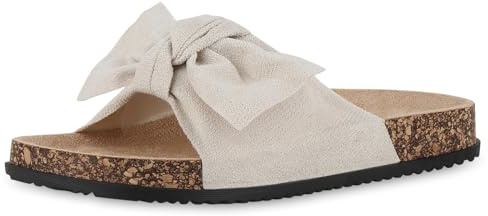 VAN HILL Damen Pantoletten Flach Schleifen Bequem Schuhe 215908 Beige 39
