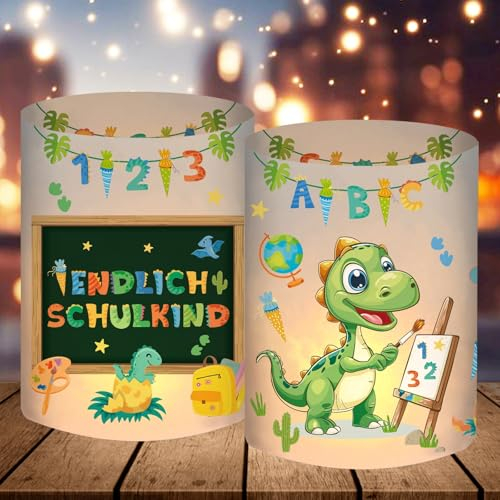 12 Windlicht Tischdeko Einschulung Junge, Endlich Schulkind 2025 Deko, Schuleinführung Einschulungsdeko mit Motiv Dino ABC, Tisch Deko Schulanfang Jungen, Geeignet für Teelichter oder Kerzen