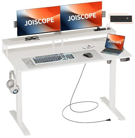 JOISCOPE Height-Adjustable Standing Desk With Monitor Stand, Memory Height, Outlets, USB & Type-C, Side Hook - Ideal for Office and Home, 120 x 60 cm, White