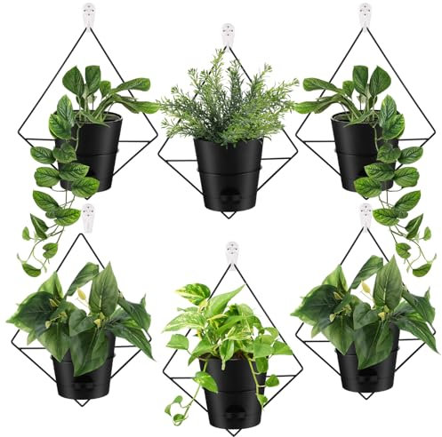 Baderke 6 Sets Wand-Pflanzgefäße für Zimmerpflanzen, hängender Wand-Pflanzgefäß mit Metallhalter, geometrisch, selbstbewässernd, Wandtöpfe, Sukkulenten-Übertopf, 12,7 cm, schwarzer Blumentopf