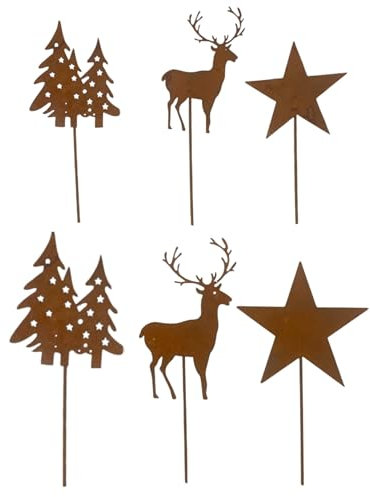 naninoa Metall Stecker Hirsch, Baum, Stern. 2 x 3 Stück Set. Rost Dekostecker Weihnachten ca 13-18cm.