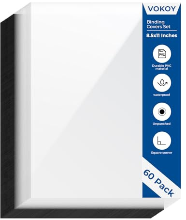VOKOY Confezione da 60 copertine e schienali per rilegatura 21,9 x 27,9 cm, formato lettera, qualità non perforata, 30 copertine trasparenti per rilegatura da 10 mil, 30 coperture in plastica nera da