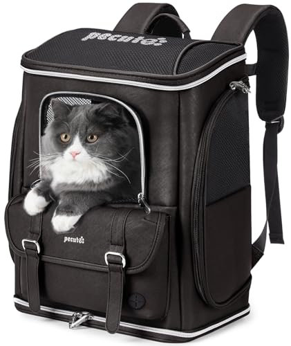 pecute Katzenrucksack Hunderucksack PU Haustier Rucksack, Belastung Verringern Hundetasche,Atmungsaktive Mesh Fenstern Faltbar Katzentasche,Hundetragetasche für Wandern,Camping, Reisen 6kg,Braun