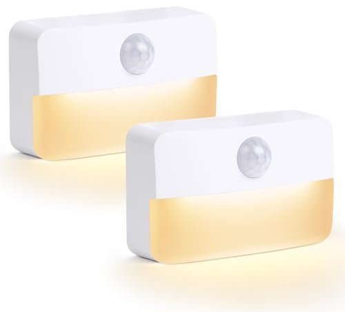 HOTUT Luces con sensor de movimiento para interiores, paquete de 2 luces nocturnas, luz LED con sensor de movimiento, luces nocturnas adhesivas a pilas para armario, armario, cocina, escaleras,