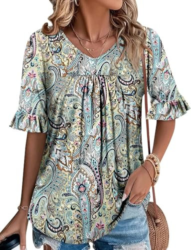 KISSMODA 3/4 Sleeve Womens Tops Summer Loose V Neck T Shirts Dressy Casual Ruffle Sleeve Tunic Blouses