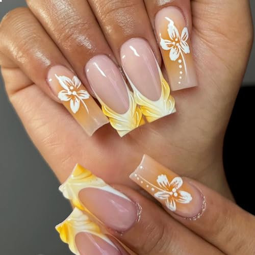 GlamRays Press on Nägel Lange Quadratische Falsche Nägel Gelbe French Tip Klebe Nägel 3D Strukturiertes Wellenmuster Design Acrylnägel 24 Stück Blumen Maniküre 24 Stück