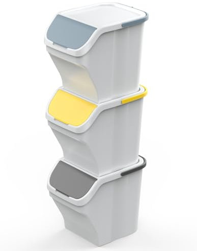 eacommerce - Pattumiera Contenitore 25L | Raccolta Differenziata | Bidone Modulare con Maniglia (Kit 3 Pezzi, Corpo Bianco)