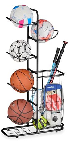 Relaxdays Ballständer, 5 abnehmbare Ballhalter, für Basketball, Fußball, Sportgeräteregal mit Korb, Metall, schwarz